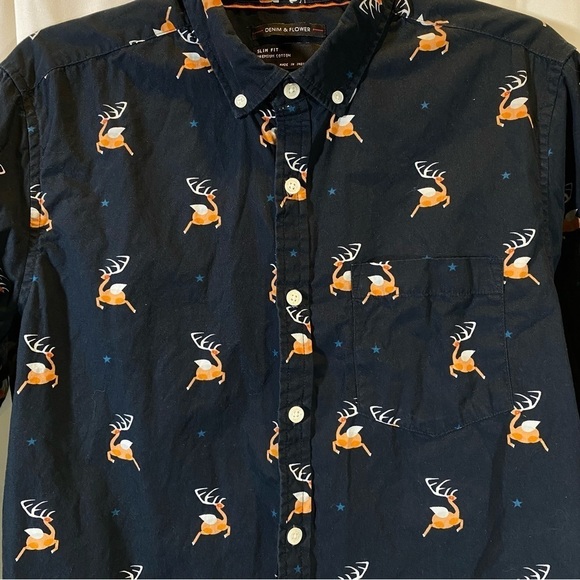 Denim & Flower Slim Fit Premium cotton Deer Print Men's Button Up Shirt Size M - Picture 6 of 8